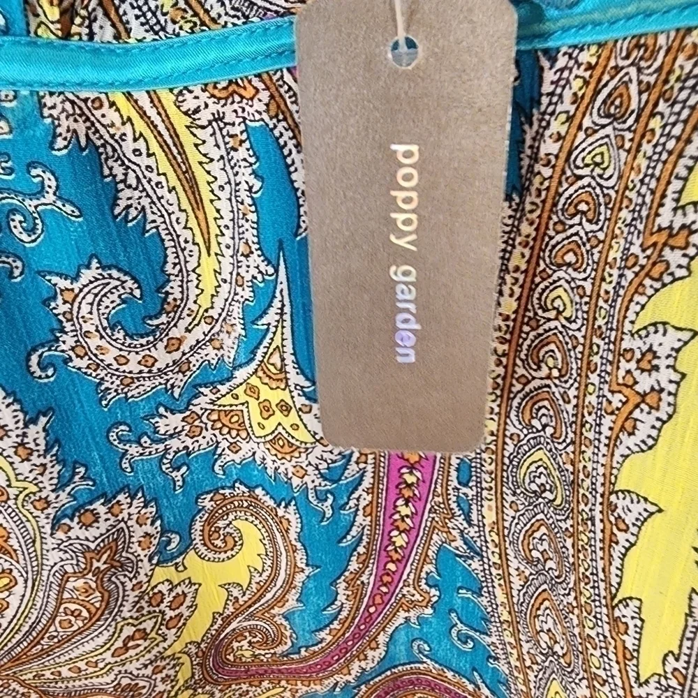 Poppy Garden sleeveless lightweight dress bright paisley colors accented w/ blue - Picture 7 of 8